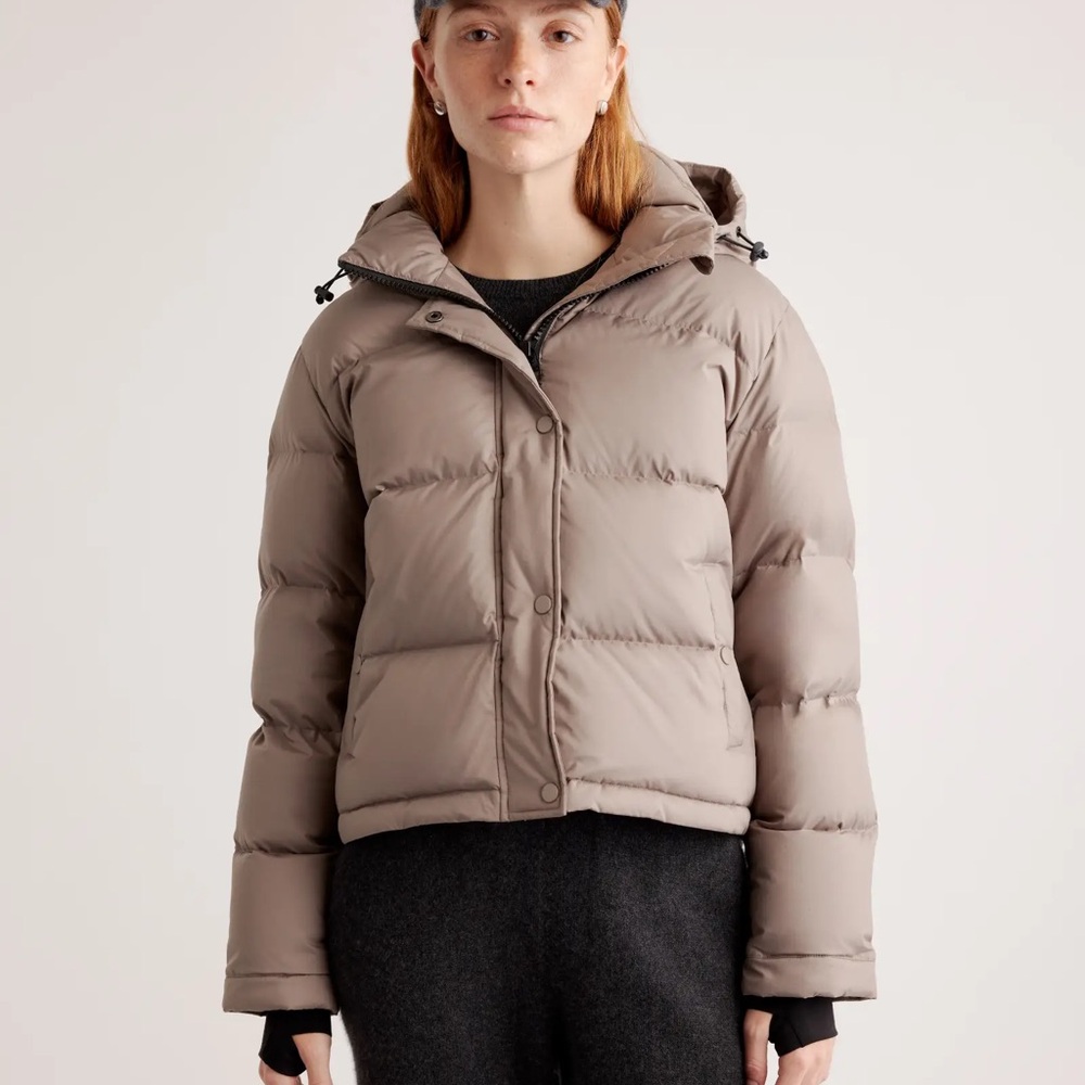 Tan Quilted Puffer Jacket with Hood